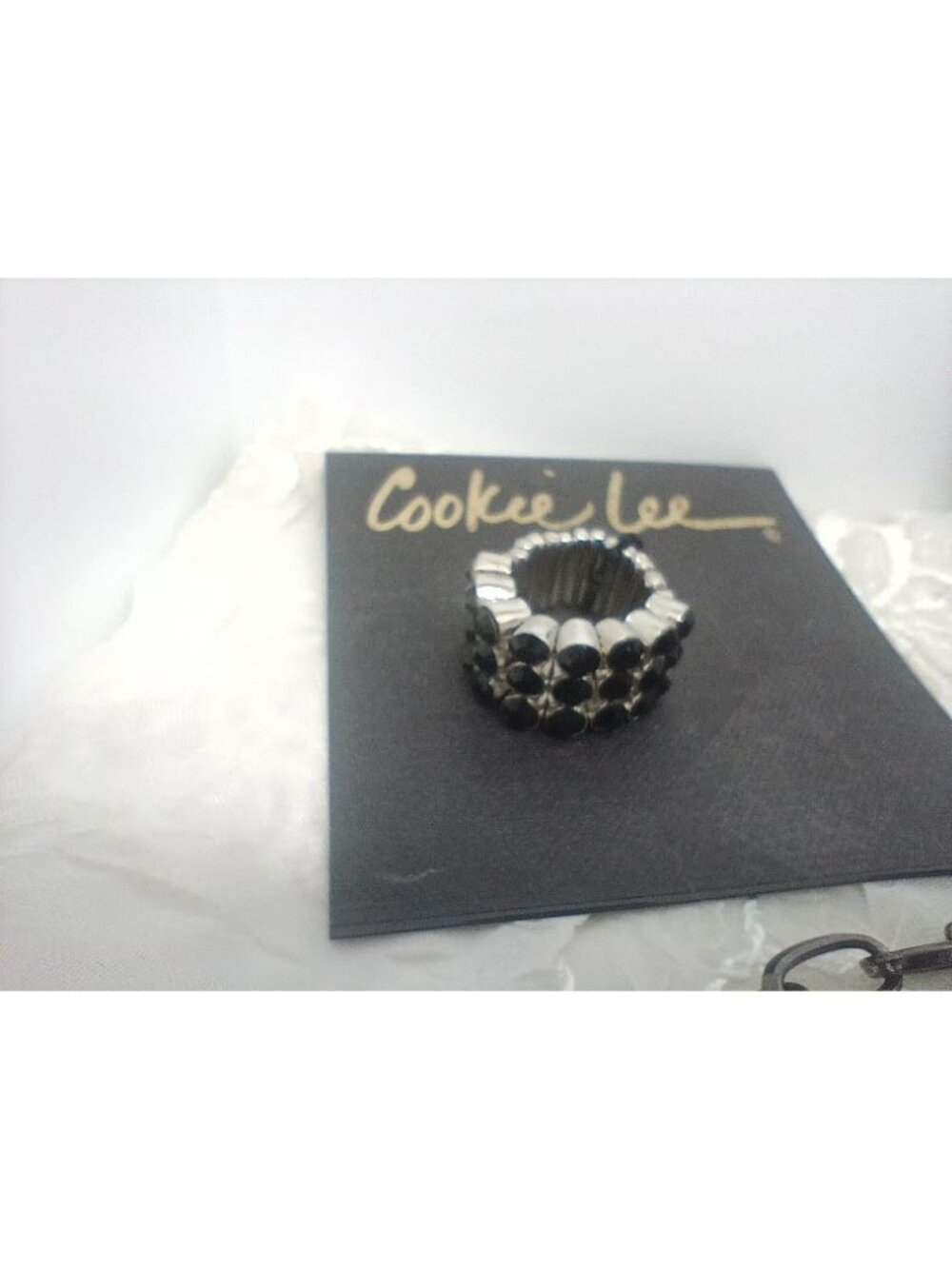 Cookie Lee Set Clear Acrylic Beads Necklace, Earrings, Bracelet & Ring ~Gunmetal - Picture 5 of 11